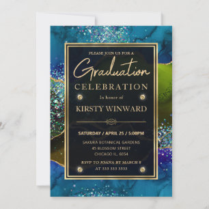Invitation Bleu Vert & Or Paillettes Agate Paon Diplôme