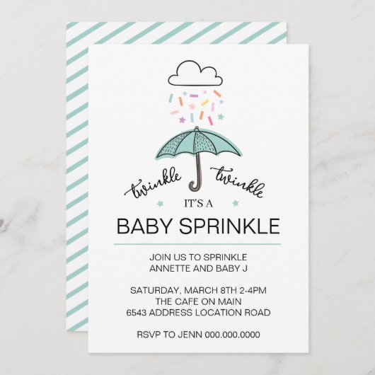 Invitation Bleu vert parapluie scintiller bébé sprinkle téléc (Devant / Derrière)