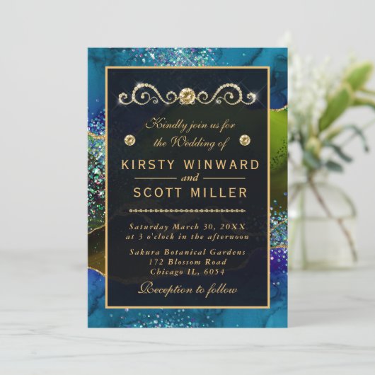 Invitation Bleu & Vert Peacock Agate & or parties scintillant (Debout devant)