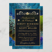 Invitation Bleu & Vert Peacock Agate & or parties scintillant (Devant / Derrière)