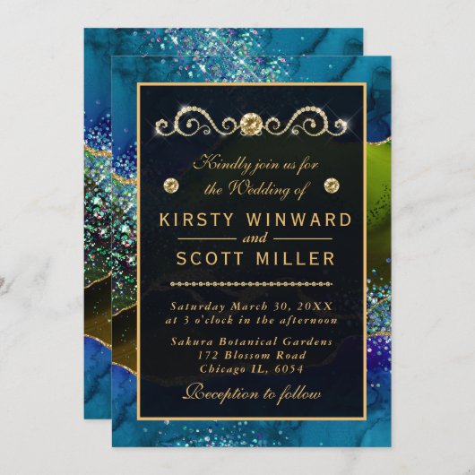 Invitation Bleu & Vert Peacock Agate & or parties scintillant (Devant / Derrière)