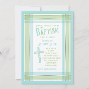 Invitation Bleu Vert Plaid Croix Catholique Baptême Invitatio