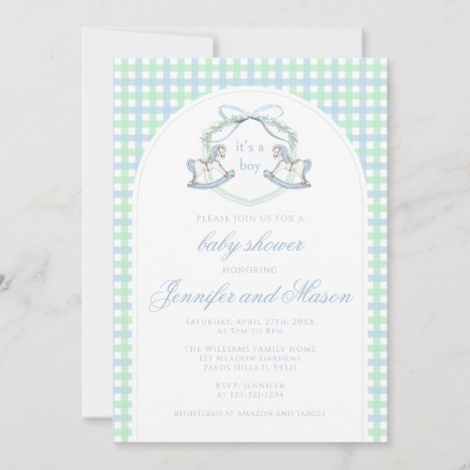 Invitation Bleu vert rocking cheval boho arc bébé garçon douc (Devant)