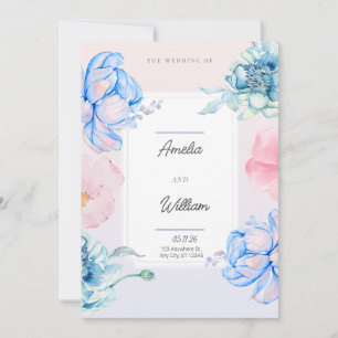 Invitation Bleu Vert Rose Floral Moderne Tendance Aquarelle
