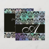 Invitation BLEU VERT SARCELLE NOIR DAMAS MONOGRAMME, blanc (Devant / Derrière)