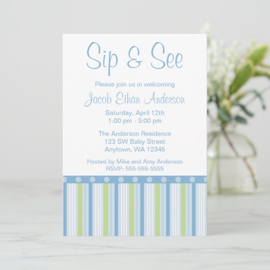 Invitation Bleu vert Sip and See Stripes (Debout devant)