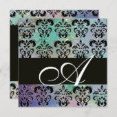 Invitation BLEU VERT TEAL NOIR DAMAS MONOGRAMME , blanc (Devant / Derrière)