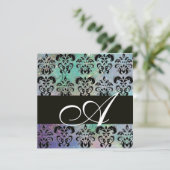 Invitation BLEU VERT TEAL NOIR DAMAS MONOGRAMME , blanc (Debout devant)