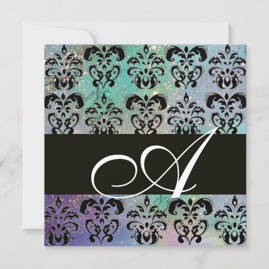 Invitation BLEU VERT TEAL NOIR DAMAS MONOGRAMME , blanc (Devant)