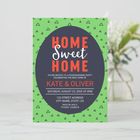 Invitation Bleu Vert Triangles Accueil Douceur Domicile Ménag (Debout devant)