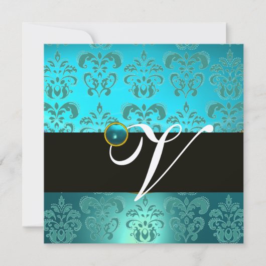INVITATION BLEU VERT TURQUOISE BLACK OR DOMMASK MONOGRAM, (Devant)