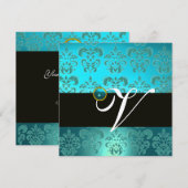 INVITATION BLEU VERT TURQUOISE NOIR OR DAMAS MONOGRAMME (Devant / Derrière)