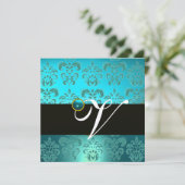 INVITATION BLEU VERT TURQUOISE NOIR OR DAMAS MONOGRAMME (Debout devant)