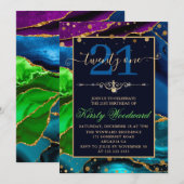 Invitation Bleu Vert & Violet & Paillettes d'Agate Or Anniver (Devant / Derrière)