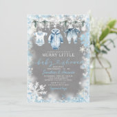 Invitation Bleu Vêtements Bébé Baby shower de flocons de neig (Debout devant)