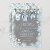 Invitation Bleu Vêtements Bébé Baby shower de flocons de neig (Devant / Derrière)