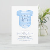 Invitation Bleu Vêtements de bébé C'est un Baby shower de gar (Debout devant)