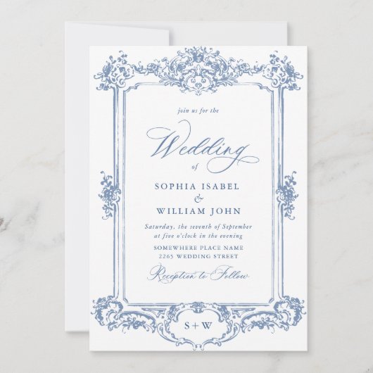 Invitation Bleu Victorian Ornate Grace Floral Mariage QR code (Devant)
