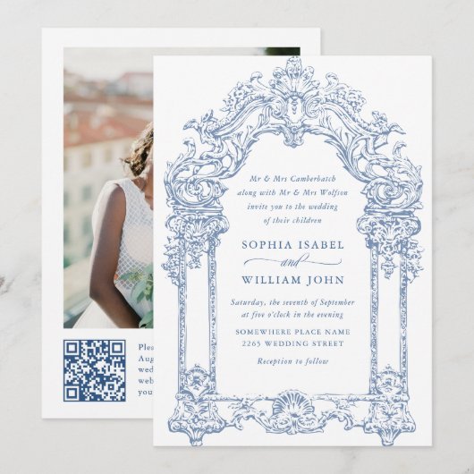 Invitation Bleu Victorian Ornate Grace Floral Mariage QR code (Devant / Derrière)