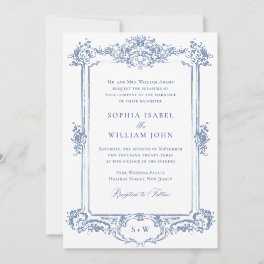 Invitation Bleu Victorian Ornate Grace Floral Mariage QR code (Devant)