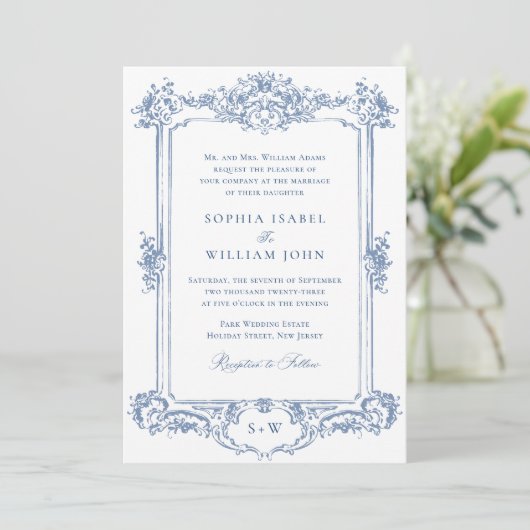 Invitation Bleu Victorian Ornate Grace Floral Mariage QR code (Debout devant)