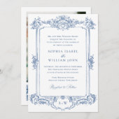 Invitation Bleu Victorian Ornate Grace Floral Mariage QR code (Devant / Derrière)