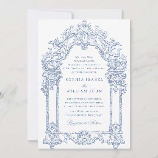 Invitation Bleu Victorian Ornate Grace Floral Mariage QR code (Devant)