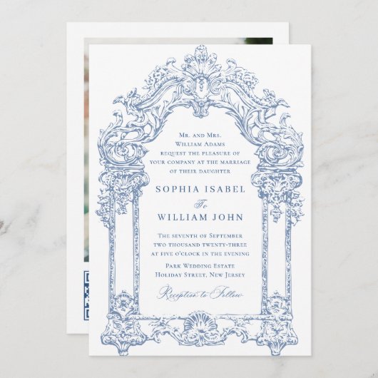 Invitation Bleu Victorian Ornate Grace Floral Mariage QR code (Devant / Derrière)