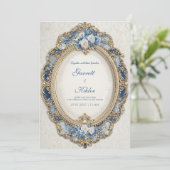 Invitation Bleu victorien avec Mariage de cadre or Roses blan (Debout devant)