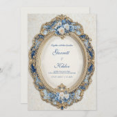 Invitation Bleu victorien avec Mariage de cadre or Roses blan (Devant / Derrière)