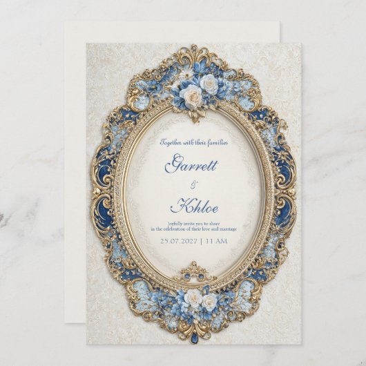 Invitation Bleu victorien avec Mariage de cadre or Roses blan (Devant / Derrière)