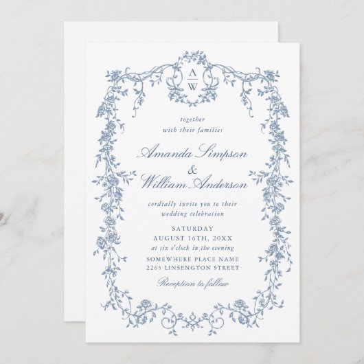 Invitation Bleu victorien Mariage français Orné tout en un (Devant / Derrière)