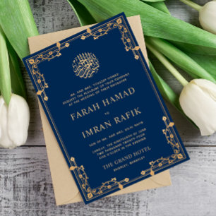 Invitation Bleu Vintage Gold Frontière musulmane Mariage musu