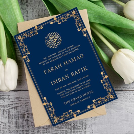 Invitation Bleu Vintage Gold Frontière musulmane Mariage musu