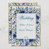 Invitation Bleu vintage Mariage à fleurs Beau Blanc (Devant / Derrière)