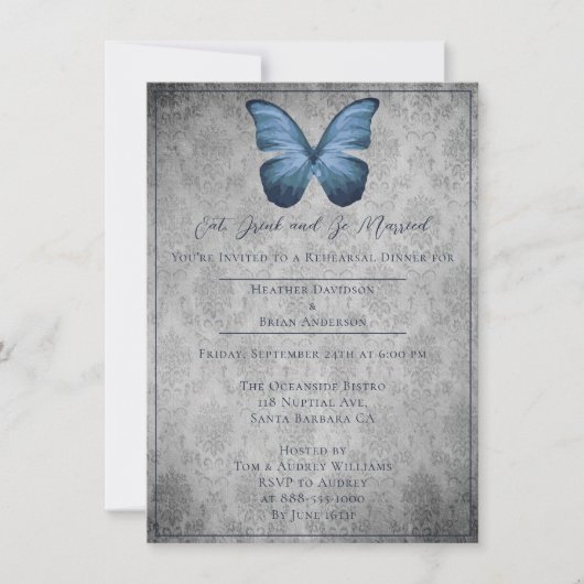 Invitation Bleu Vintage papillon Damask Dîner de répétition (Devant)