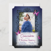 Invitation Bleu vintage, Papillons roses Quinceanera (Devant)