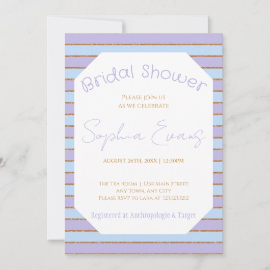 Invitation Bleu violet et Fête des mariées à rayures or (Devant)