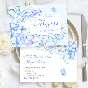 Invitation Bleu violet fleuri baby shower élégant