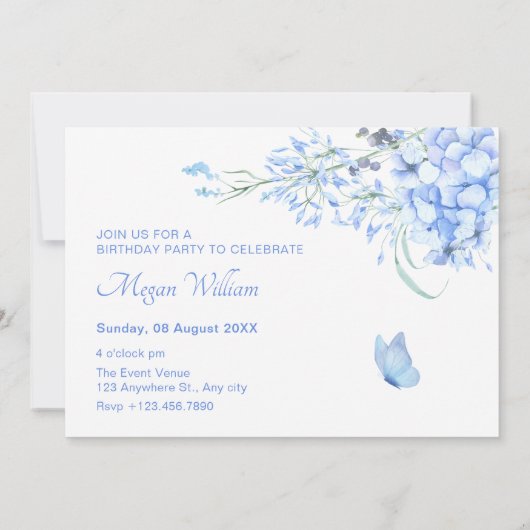 Invitation Bleu violet fleuri élégant anniversaire (Dos)