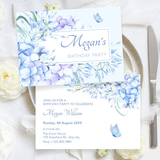 Invitation Bleu violet fleuri élégant anniversaire