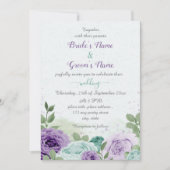 Invitation bleu violet fleurs vert feuille mariage (Devant)