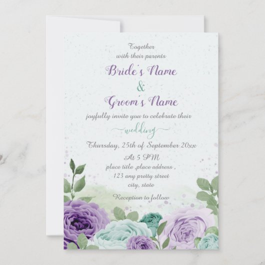 Invitation bleu violet fleurs vert feuille mariage (Devant)