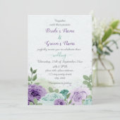 Invitation bleu violet fleurs vert feuille mariage (Debout devant)