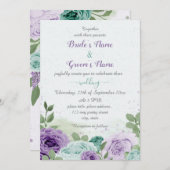 Invitation bleu violet fleurs vert feuille mariage (Devant / Derrière)