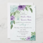 Invitation bleu violet fleurs vert feuille mariage (Devant)