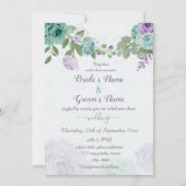 Invitation bleu violet fleurs vert feuille mariage (Devant)