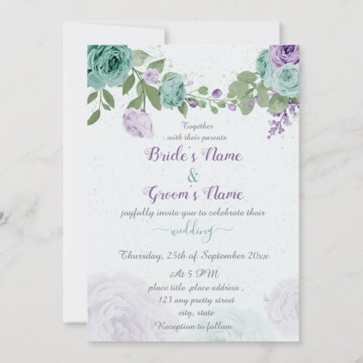 Invitation bleu violet fleurs vert feuille mariage (Devant)