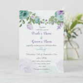 Invitation bleu violet fleurs vert feuille mariage (Debout devant)
