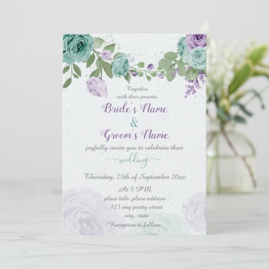 Invitation bleu violet fleurs vert feuille mariage (Debout devant)